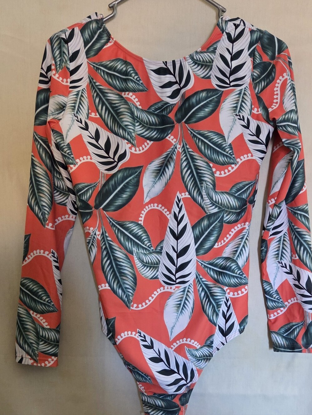 Womans Long-Sleeve One-Piece Rashguard Swimsuit - Coral Leaf Print